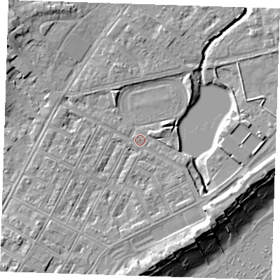 Shaded relief map of the ground around BN227LN, computed from Environment Agency LiDAR. The ground here sits at about 3 m above sea level and falls 11 m across the surrounding 800 m. Surface water reaching this point runs off ground lying to the south-south-east, 4.5 m higher.