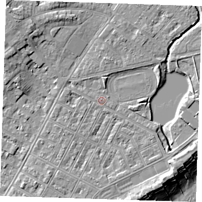 Shaded relief map of the ground around BN227LP, computed from Environment Agency LiDAR. The ground here sits at about 3 m above sea level and falls 11 m across the surrounding 800 m. Surface water reaching this point runs off ground lying to the north-west, 5.7 m higher.