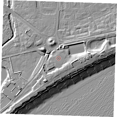 Shaded relief map of the ground around BN227LQ, computed from Environment Agency LiDAR. The ground here sits at about 6 m above sea level and falls 13 m across the surrounding 800 m. The ground contributing surface water to this point lies to the south-south-west.
