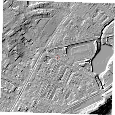 Shaded relief map of the ground around BN227LR, computed from Environment Agency LiDAR. The ground here sits at about 3 m above sea level and falls 12 m across the surrounding 800 m. Surface water reaching this point runs off ground lying to the north-west, 5.8 m higher.