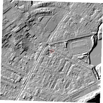 Shaded relief map of the ground around BN227LT, computed from Environment Agency LiDAR. The ground here sits at about 3 m above sea level and falls 10 m across the surrounding 800 m. Surface water reaching this point runs off ground lying to the west-north-west, 6.6 m higher.