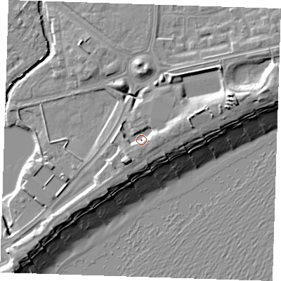 Shaded relief map of the ground around BN227LU, computed from Environment Agency LiDAR. The ground here sits at about 5 m above sea level and falls 13 m across the surrounding 800 m. Surface water reaching this point runs off ground lying to the east-north-east, 3.2 m higher.