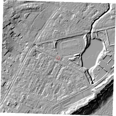 Shaded relief map of the ground around BN227LW, computed from Environment Agency LiDAR. The ground here sits at about 3 m above sea level and falls 11 m across the surrounding 800 m. Surface water reaching this point runs off ground lying to the north-west, 5.6 m higher.