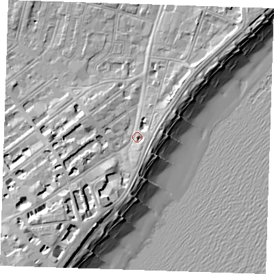 Shaded relief map of the ground around BN227NA, computed from Environment Agency LiDAR. The ground here sits at about 5 m above sea level and falls 15 m across the surrounding 800 m. Surface water reaching this point runs off ground lying to the south-west, 6.0 m higher.