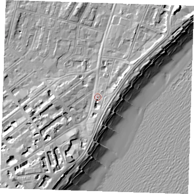 Shaded relief map of the ground around BN227NB, computed from Environment Agency LiDAR. The ground here sits at about 5 m above sea level and falls 14 m across the surrounding 800 m. Surface water reaching this point runs off ground lying to the south-south-west, 6.7 m higher.