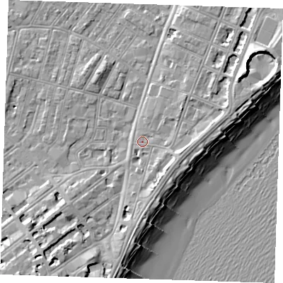 Shaded relief map of the ground around BN227NJ, computed from Environment Agency LiDAR. The ground here sits at about 4 m above sea level and falls 12 m across the surrounding 800 m. Surface water reaching this point runs off ground lying to the south-south-east, 4.0 m higher.