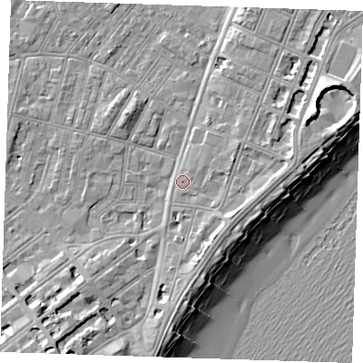 Shaded relief map of the ground around BN227NL, computed from Environment Agency LiDAR. The ground here sits at about 4 m above sea level and falls 12 m across the surrounding 800 m. Surface water reaching this point runs off ground lying to the south-south-east, 4.0 m higher.