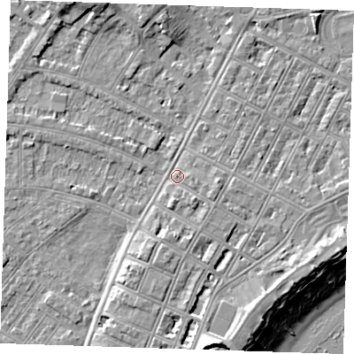 Shaded relief map of the ground around BN227NT, computed from Environment Agency LiDAR. The ground here sits at about 3 m above sea level and falls 12 m across the surrounding 800 m. Surface water reaching this point runs off ground lying to the east, 2.3 m higher.