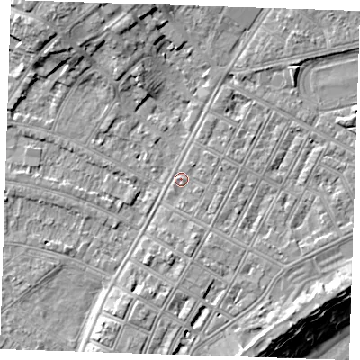 Shaded relief map of the ground around BN227NU, computed from Environment Agency LiDAR. The ground here sits at about 3 m above sea level and falls 13 m across the surrounding 800 m. Surface water reaching this point runs off ground lying to the east-north-east, 1.2 m higher.