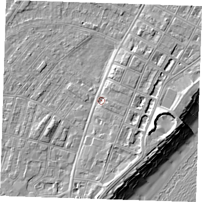 Shaded relief map of the ground around BN227NW, computed from Environment Agency LiDAR. The ground here sits at about 3 m above sea level and falls 12 m across the surrounding 800 m. Surface water reaching this point runs off ground lying to the east-south-east, 6.7 m higher.