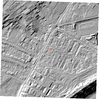Shaded relief map of the ground around BN227NZ, computed from Environment Agency LiDAR. The ground here sits at about 4 m above sea level and falls 13 m across the surrounding 800 m. Surface water reaching this point runs off ground lying to the east, 0.8 m higher.