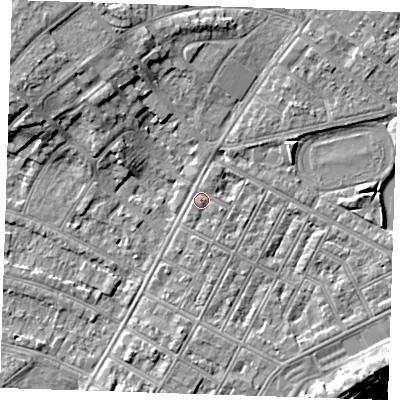 Shaded relief map of the ground around BN227PA, computed from Environment Agency LiDAR. The ground here sits at about 4 m above sea level and falls 10 m across the surrounding 800 m. Surface water reaching this point runs off ground lying to the east-south-east, 0.7 m higher.