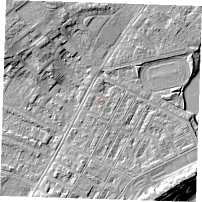 Shaded relief map of the ground around BN227PB, computed from Environment Agency LiDAR. The ground here sits at about 4 m above sea level and falls 12 m across the surrounding 800 m. Surface water reaching this point runs off ground lying to the east, 0.7 m higher.