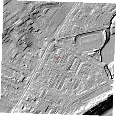 Shaded relief map of the ground around BN227PD, computed from Environment Agency LiDAR. The ground here sits at about 3 m above sea level and falls 12 m across the surrounding 800 m. Surface water reaching this point runs off ground lying to the west-north-west, 1.0 m higher.