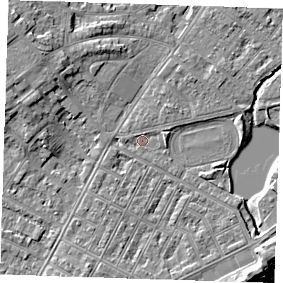 Shaded relief map of the ground around BN227PF, computed from Environment Agency LiDAR. The ground here sits at about 3 m above sea level and falls 9 m across the surrounding 800 m. Surface water reaching this point runs off ground lying to the east-north-east, 1.8 m higher.