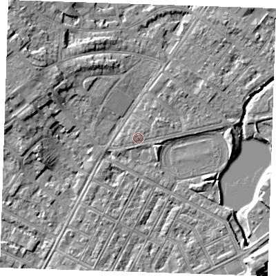 Shaded relief map of the ground around BN227PG, computed from Environment Agency LiDAR. The ground here sits at about 4 m above sea level and falls 8 m across the surrounding 800 m. Surface water reaching this point runs off ground lying to the north-east, 0.9 m higher.