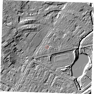 Shaded relief map of the ground around BN227PH, computed from Environment Agency LiDAR. The ground here sits at about 4 m above sea level and falls 8 m across the surrounding 800 m. Surface water reaching this point runs off ground lying to the south-east, 0.5 m higher.