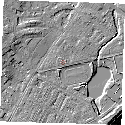 Shaded relief map of the ground around BN227PJ, computed from Environment Agency LiDAR. The ground here sits at about 4 m above sea level and falls 10 m across the surrounding 800 m. Surface water reaching this point runs off ground lying to the north-west, 0.7 m higher.