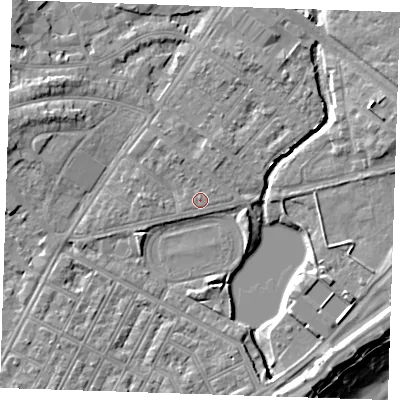 Shaded relief map of the ground around BN227PL, computed from Environment Agency LiDAR. The ground here sits at about 4 m above sea level and falls 10 m across the surrounding 800 m. Surface water reaching this point runs off ground lying to the north-north-west, 1.5 m higher.
