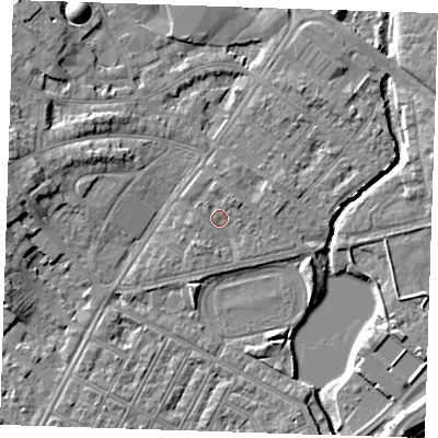 Shaded relief map of the ground around BN227PN, computed from Environment Agency LiDAR. The ground here sits at about 4 m above sea level and falls 7 m across the surrounding 800 m. Surface water reaching this point runs off ground lying to the north-east, 1.5 m higher.
