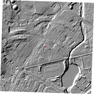 Shaded relief map of the ground around BN227PP, computed from Environment Agency LiDAR. The ground here sits at about 4 m above sea level and falls 7 m across the surrounding 800 m. Surface water reaching this point runs off ground lying to the west-north-west, 0.9 m higher.