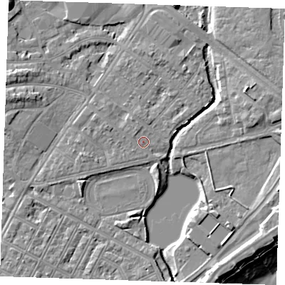 Shaded relief map of the ground around BN227PR, computed from Environment Agency LiDAR. The ground here sits at about 4 m above sea level and falls 11 m across the surrounding 800 m. Surface water reaching this point runs off ground lying to the north-north-west, 0.9 m higher.