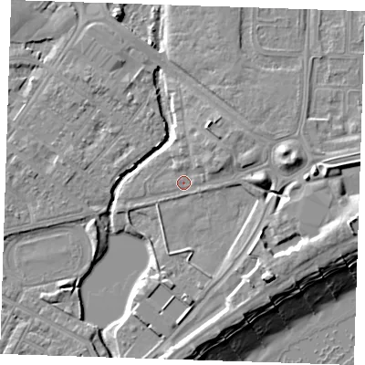 Shaded relief map of the ground around BN227PT, computed from Environment Agency LiDAR. The ground here sits at about 3 m above sea level and falls 13 m across the surrounding 800 m. Surface water reaching this point runs off ground lying to the east, 3.8 m higher.