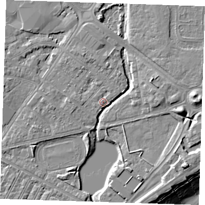 Shaded relief map of the ground around BN227PU, computed from Environment Agency LiDAR. The ground here sits at about 4 m above sea level and falls 13 m across the surrounding 800 m. Surface water reaching this point runs off ground lying to the west-south-west, 1.0 m higher.