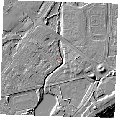 Shaded relief map of the ground around BN227PX, computed from Environment Agency LiDAR. The ground here sits at about 3 m above sea level and falls 12 m across the surrounding 800 m. Surface water reaching this point runs off ground lying to the north-west, 3.2 m higher.