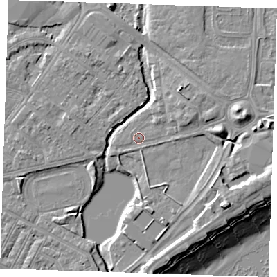 Shaded relief map of the ground around BN227PY, computed from Environment Agency LiDAR. The ground here sits at about 4 m above sea level and falls 13 m across the surrounding 800 m. Surface water reaching this point runs off ground lying to the east-south-east, 5.6 m higher.