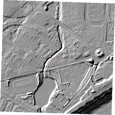 Shaded relief map of the ground around BN227PZ, computed from Environment Agency LiDAR. The ground here sits at about 3 m above sea level and falls 13 m across the surrounding 800 m. Surface water reaching this point runs off ground lying to the east, 3.9 m higher.