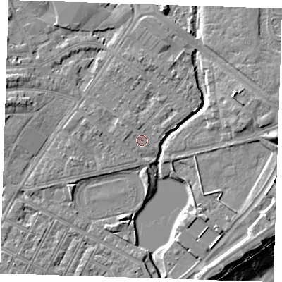 Shaded relief map of the ground around BN227QD, computed from Environment Agency LiDAR. The ground here sits at about 3 m above sea level and falls 11 m across the surrounding 800 m. Surface water reaching this point runs off ground lying to the west-north-west, 1.0 m higher.