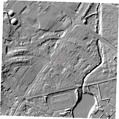 Shaded relief map of the ground around BN227QE, computed from Environment Agency LiDAR. The ground here sits at about 3 m above sea level and falls 7 m across the surrounding 800 m. Surface water reaching this point runs off ground lying to the south-south-west, 1.5 m higher.
