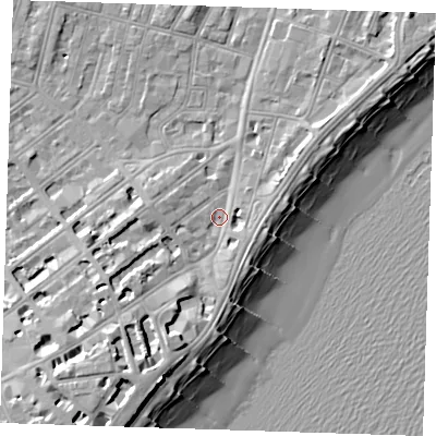 Shaded relief map of the ground around BN227QJ, computed from Environment Agency LiDAR. The ground here sits at about 4 m above sea level and falls 15 m across the surrounding 800 m. Surface water reaching this point runs off ground lying to the south-south-west, 6.2 m higher.