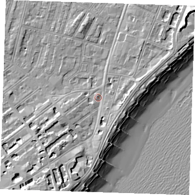 Shaded relief map of the ground around BN227QL, computed from Environment Agency LiDAR. The ground here sits at about 4 m above sea level and falls 14 m across the surrounding 800 m. Surface water reaching this point runs off ground lying to the south-south-west, 6.7 m higher.
