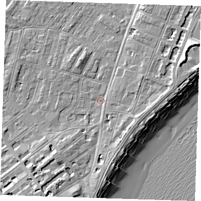 Shaded relief map of the ground around BN227QP, computed from Environment Agency LiDAR. The ground here sits at about 3 m above sea level and falls 12 m across the surrounding 800 m. Surface water reaching this point runs off ground lying to the south-south-west, 5.8 m higher.