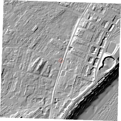 Shaded relief map of the ground around BN227QR, computed from Environment Agency LiDAR. The ground here sits at about 3 m above sea level and falls 12 m across the surrounding 800 m. Surface water reaching this point runs off ground lying to the south-east, 2.4 m higher.
