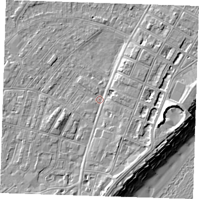 Shaded relief map of the ground around BN227QT, computed from Environment Agency LiDAR. The ground here sits at about 2 m above sea level and falls 12 m across the surrounding 800 m. Surface water reaching this point runs off ground lying to the south-south-east, 3.1 m higher.