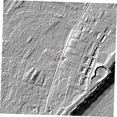 Shaded relief map of the ground around BN227QU, computed from Environment Agency LiDAR. The ground here sits at about 3 m above sea level and falls 12 m across the surrounding 800 m. Surface water reaching this point runs off ground lying to the east-south-east, 6.0 m higher.