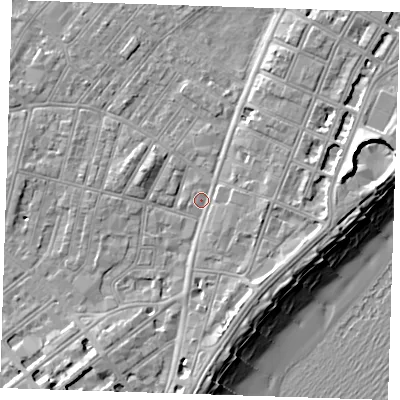 Shaded relief map of the ground around BN227QW, computed from Environment Agency LiDAR. The ground here sits at about 3 m above sea level and falls 12 m across the surrounding 800 m. Surface water reaching this point runs off ground lying to the east-south-east, 1.8 m higher.