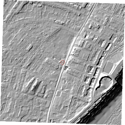 Shaded relief map of the ground around BN227QX, computed from Environment Agency LiDAR. The ground here sits at about 3 m above sea level and falls 12 m across the surrounding 800 m. Surface water reaching this point runs off ground lying to the south-east, 7.3 m higher.