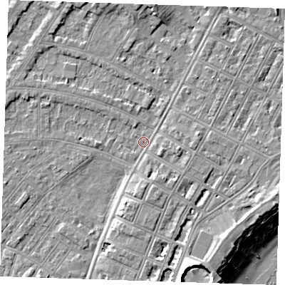 Shaded relief map of the ground around BN227RA, computed from Environment Agency LiDAR. The ground here sits at about 3 m above sea level and falls 12 m across the surrounding 800 m. Surface water reaching this point runs off ground lying to the south-south-east, 3.1 m higher.