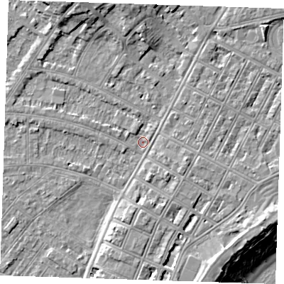 Shaded relief map of the ground around BN227RB, computed from Environment Agency LiDAR. The ground here sits at about 2 m above sea level and falls 12 m across the surrounding 800 m. Surface water reaching this point runs off ground lying to the north-north-west, 6.7 m higher.