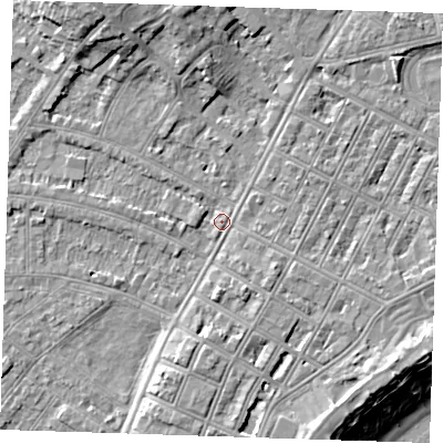 Shaded relief map of the ground around BN227RD, computed from Environment Agency LiDAR. The ground here sits at about 3 m above sea level and falls 13 m across the surrounding 800 m. Surface water reaching this point runs off ground lying to the north, 6.1 m higher.