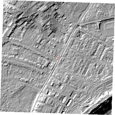 Shaded relief map of the ground around BN227RE, computed from Environment Agency LiDAR. The ground here sits at about 3 m above sea level and falls 13 m across the surrounding 800 m. Surface water reaching this point runs off ground lying to the north-north-west, 6.6 m higher.