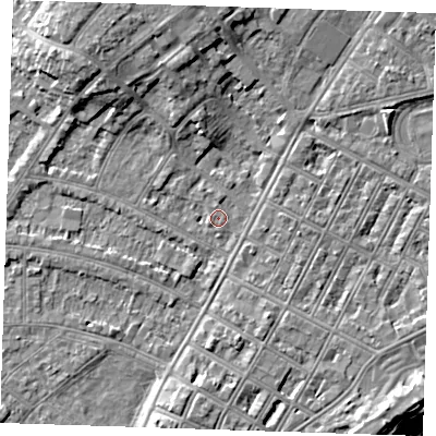 Shaded relief map of the ground around BN227RF, computed from Environment Agency LiDAR. The ground here sits at about 3 m above sea level and falls 10 m across the surrounding 800 m. Surface water reaching this point runs off ground lying to the north-north-west, 6.6 m higher.