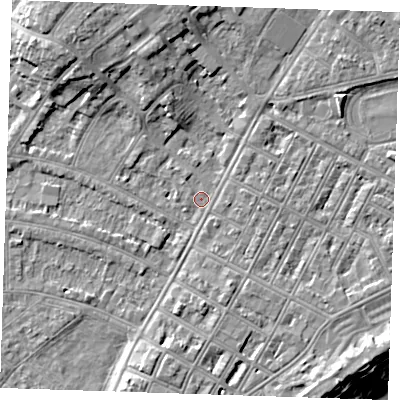 Shaded relief map of the ground around BN227RG, computed from Environment Agency LiDAR. The ground here sits at about 3 m above sea level and falls 12 m across the surrounding 800 m. Surface water reaching this point runs off ground lying to the north-north-west, 1.0 m higher.