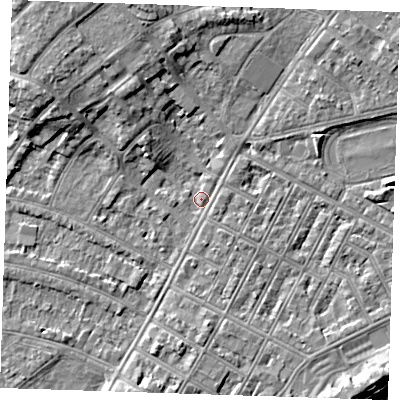 Shaded relief map of the ground around BN227RH, computed from Environment Agency LiDAR. The ground here sits at about 3 m above sea level and falls 8 m across the surrounding 800 m. Surface water reaching this point runs off ground lying to the north-north-east, 1.1 m higher.