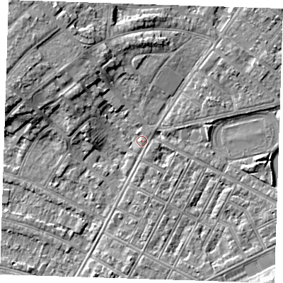 Shaded relief map of the ground around BN227RJ, computed from Environment Agency LiDAR. The ground here sits at about 3 m above sea level and falls 9 m across the surrounding 800 m. Surface water reaching this point runs off ground lying to the west-north-west, 5.8 m higher.