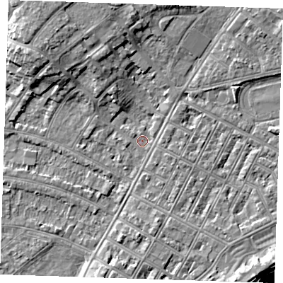 Shaded relief map of the ground around BN227RL, computed from Environment Agency LiDAR. The ground here sits at about 3 m above sea level and falls 9 m across the surrounding 800 m. Surface water reaching this point runs off ground lying to the north-east, 1.1 m higher.